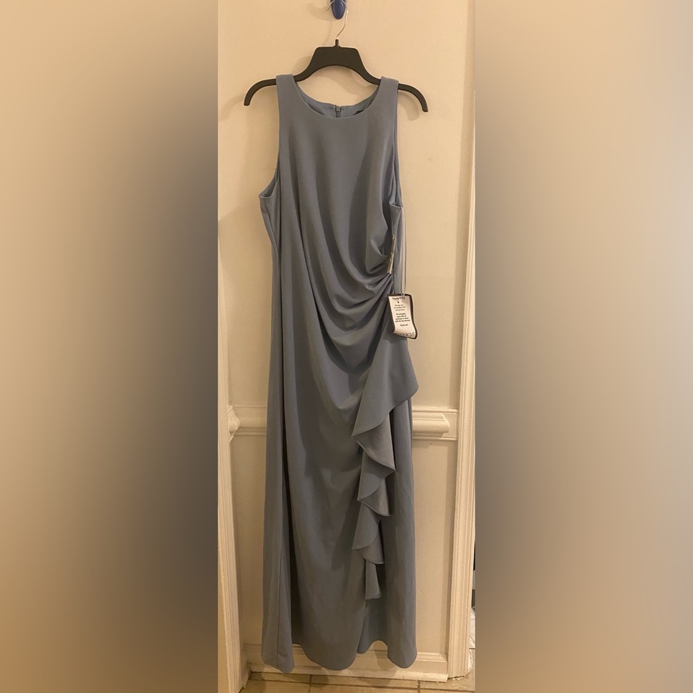 Alex Evenings Dusty Blue Asymmetrical Ruffle Gown